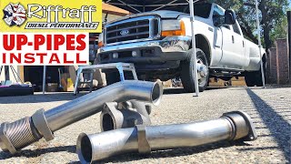 2001 F350 73  RiffRaff UpPipes Install  Stock up pipes leaking and falling apart JUNK SP [upl. by Nallad]